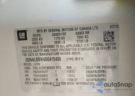 2013 Chevrolet Equinox 1Lt из США, поврежденный, VIN 2GNALDEK4D6415436